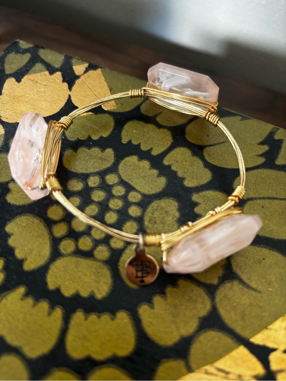 Bourbon and Bow ties Gold Wire Bangle with Rise Quartz Gemstone Accents - Picture 1 of 3